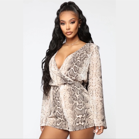 Fashion Nova Pants - Fashion Nova Slay On The Sly Snake Print Romper Taupe/Combo Small